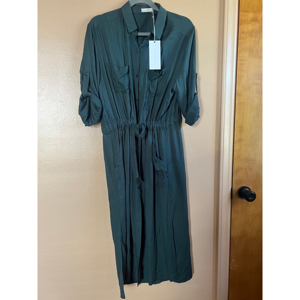 Lush NWT Teal Rayon Maxi Shirtdress Womens Large Drawstring Waist Roll Sleeve